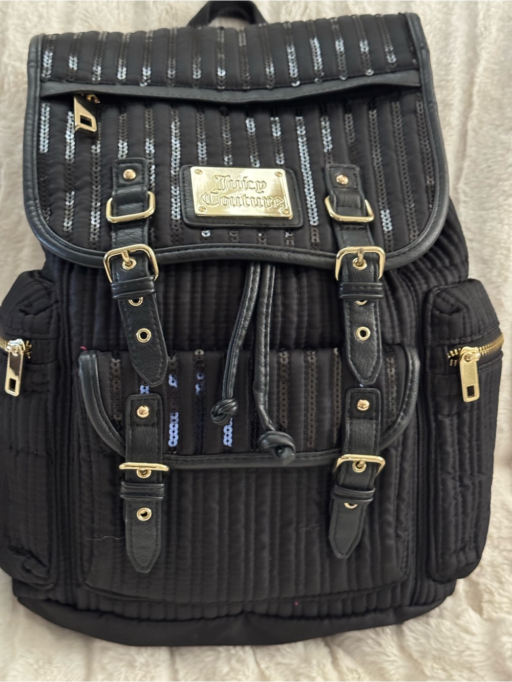 Juicy Couture Black Quilted Sequin Backpack with Gold Hardware
